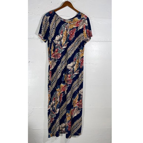 Vintage Hilo Hattie Hawaiian Original Maxi Dress Navy Tropical Floral XL 80s 90s - Picture 2 of 10